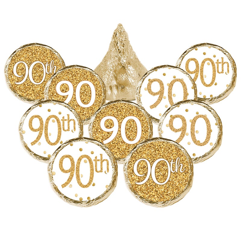 DISTINCTIVS White and Gold 90th Birthday Party Favor Chocolate Kisses Candy Stickers - 180 Labels - Image 1